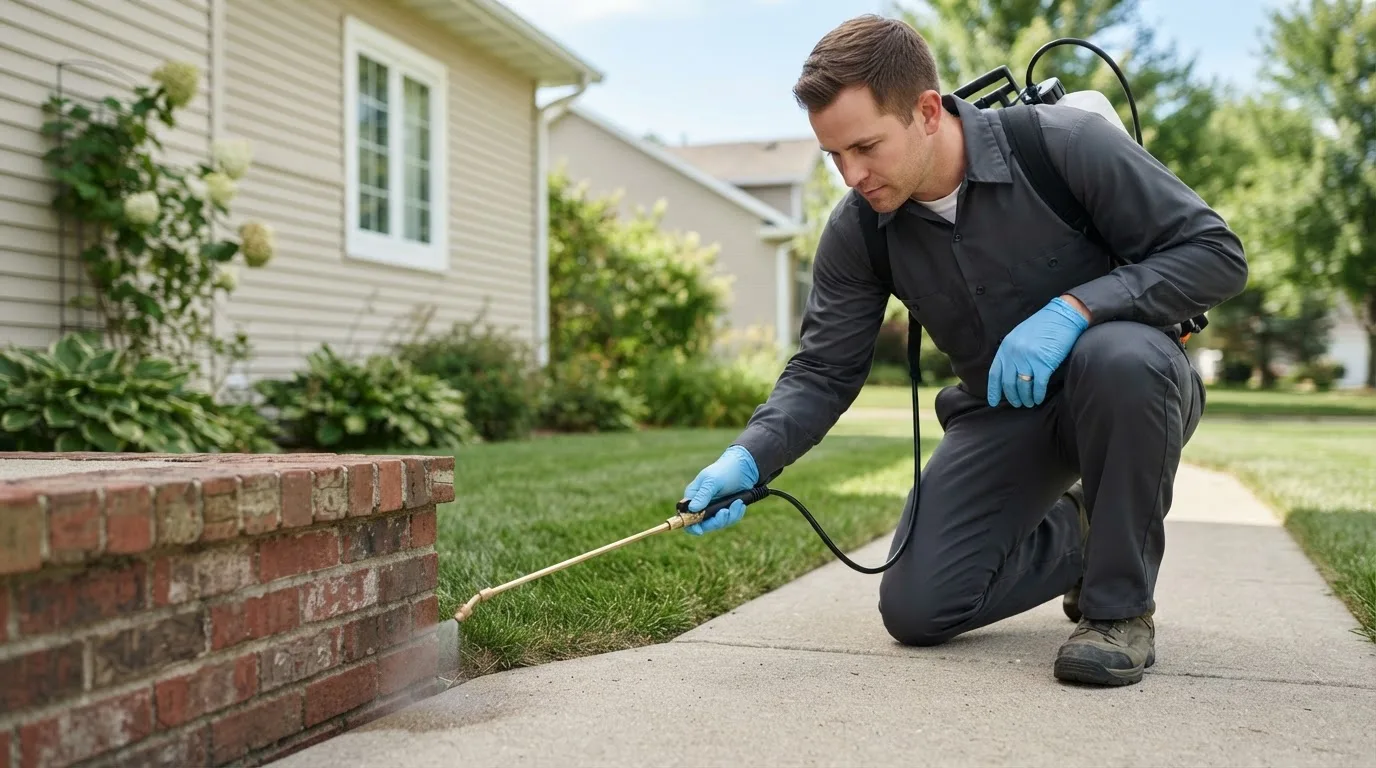 Pest control technician treating a home near Shelby, IA