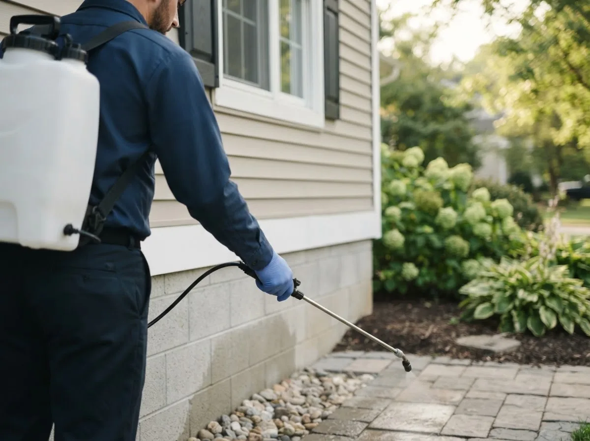 Pest control technician inspecting a home in Shelby, IA